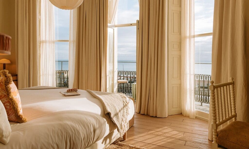 Stylish No.124 Brighton bedroom with cosy boutique interiors, ideal for a girls’ hen weekend stay.