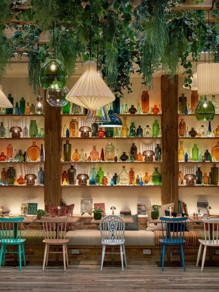 Treehouse Manchester lobby with playful, whimsical design details and large windows overlooking the skyline