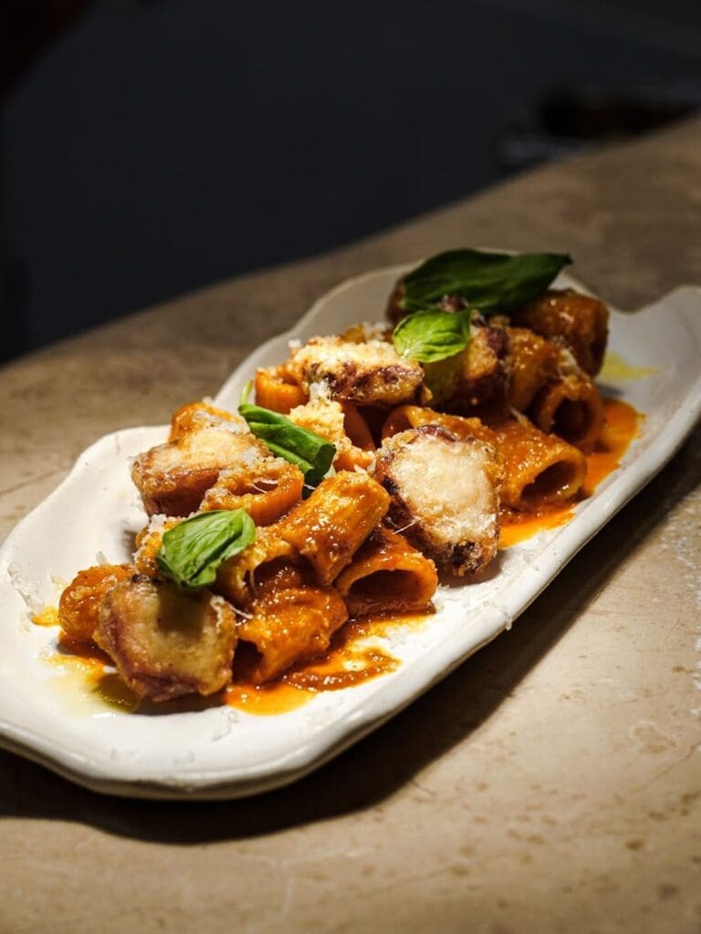 A plate of rigatoni in a rich tomato sauce topped with grated parmesan and fresh basil leaves, served on an oval white plate on a stone counter at Dome in Palma.