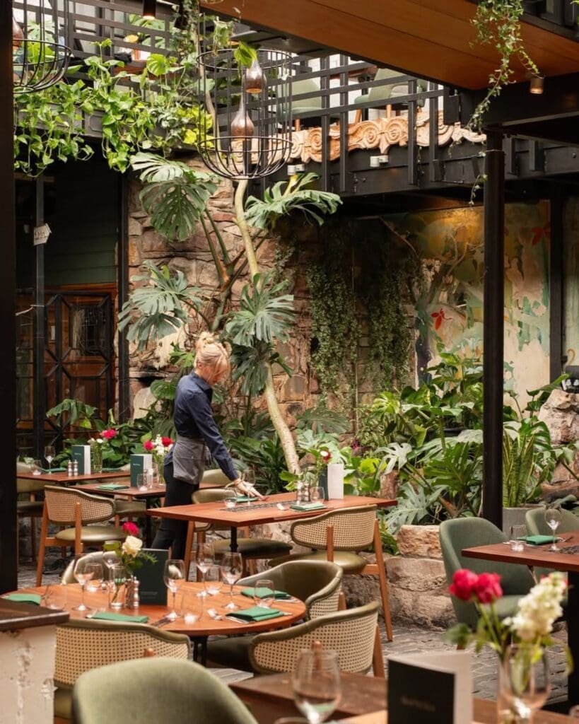 Leafy courtyard dining room at Ubiquitous Chip in Glasgow, with tropical plants, set tables and warm natural light for a characterful vibey dinner in Glasgow.