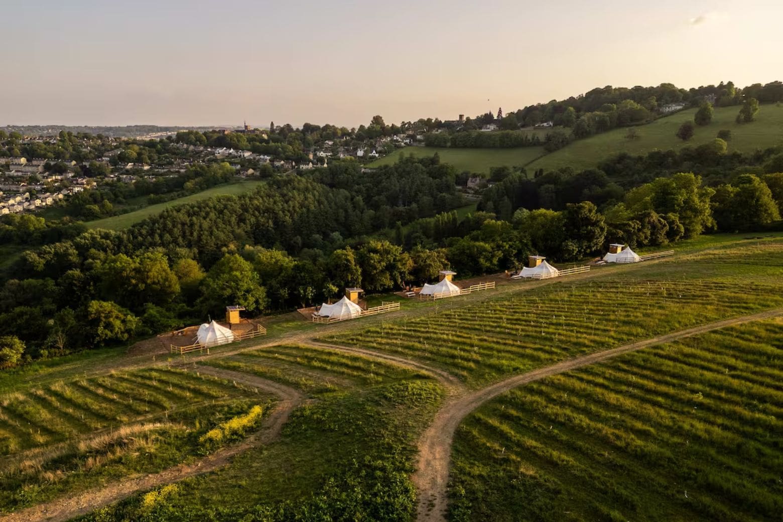 Lotus belle tents in countryside setting with outdoor space in Airbnbs in Bath for a hen weekend.