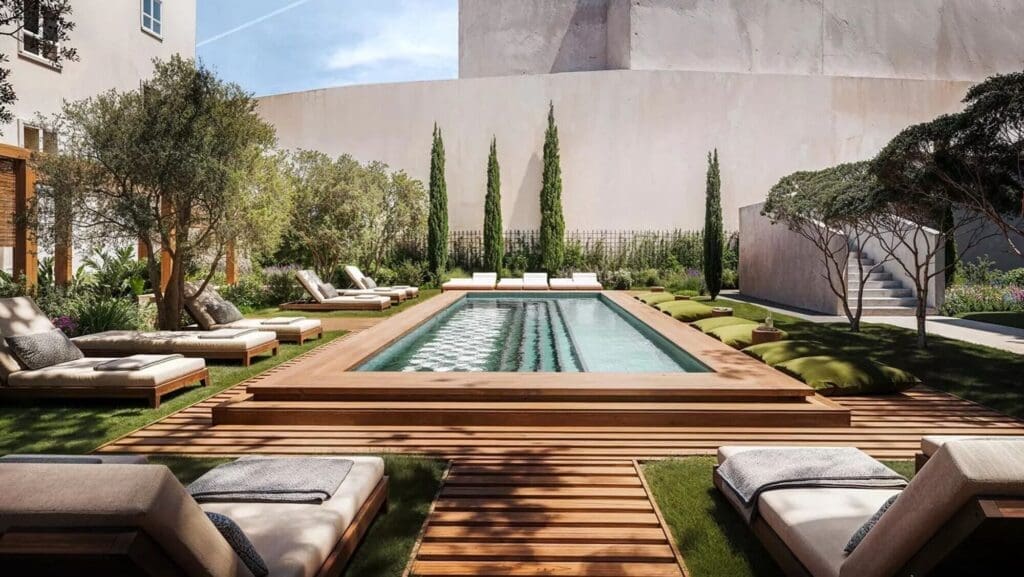 Locke de Santa Joana courtyard pool in Lisbon with sun loungers and greenery