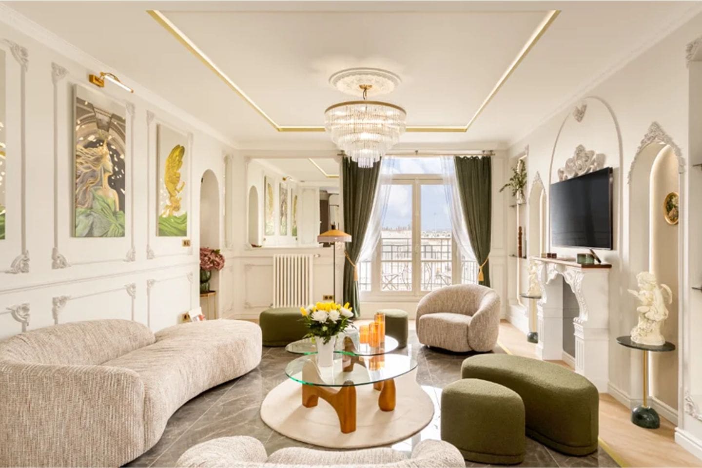 Luxury Paris apartment near Champs-Élysées with Eiffel Tower views, balcony and elegant living room for large Paris hen weekends
