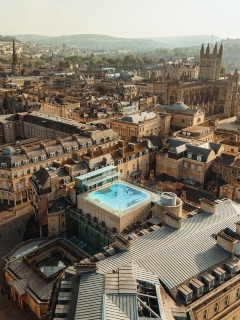 Thermae Bath Spa’s rooftop pool overlooking Bath Abbey and the honey-stone city skyline, one of the most iconic Bath hen do activities for a relaxed spa weekend