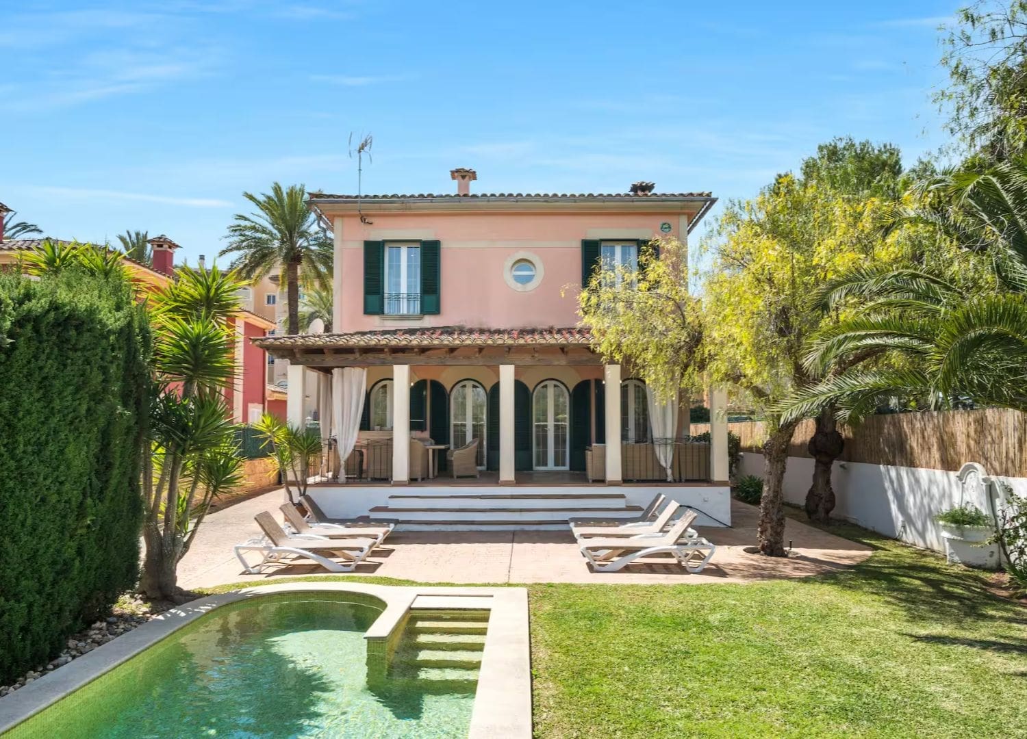 Coastal villa with saltwater pool and shaded outdoor dining near the beach in Airbnbs in Mallorca for a hen weekend.