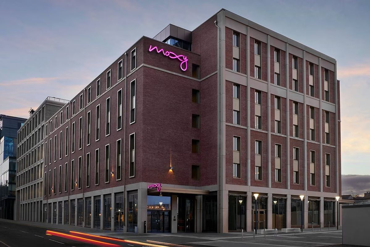 Bar Moxy at Moxy Edinburgh Fountainbridge, a sociable Edinburgh hotel with cocktails, games and communal seating.