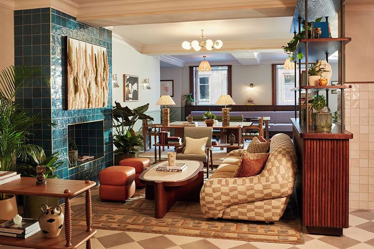 Relaxed lounge at The Hoxton Edinburgh, an Edinburgh hen weekend hotel with statement furniture, tiled details and inviting communal seating.