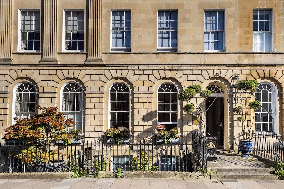 Georgian exterior of Dukes Bath, a characterful Bath hen weekend hotel in the city centre.
