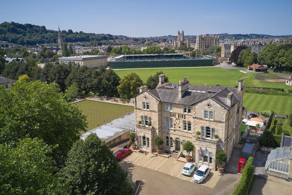 Exterior of The Bird, a boutique Bath hen weekend hotel overlooking the city and cricket ground.