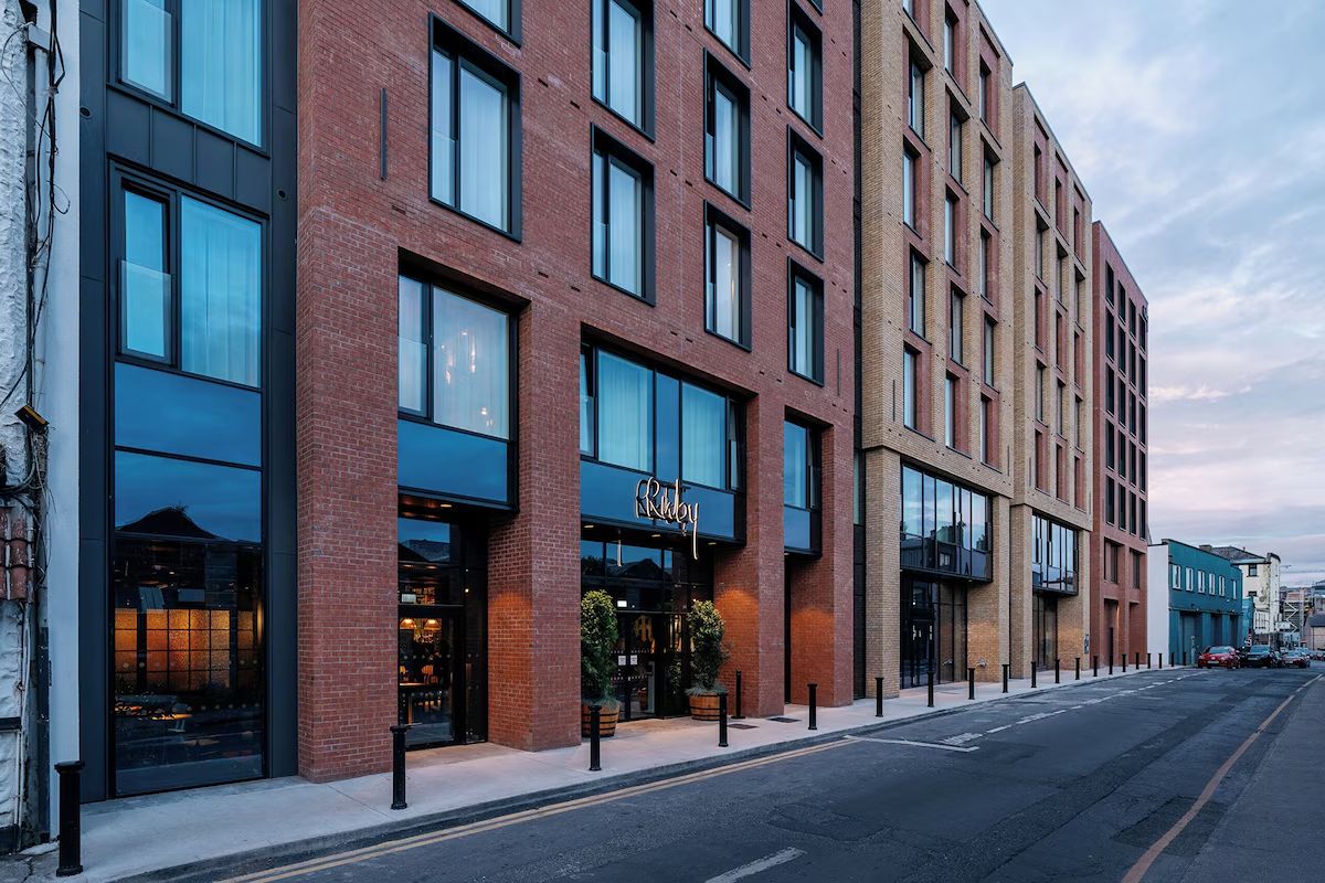 Exterior of Ruby Molly Hotel Dublin, a modern red-brick hotel in central Dublin.