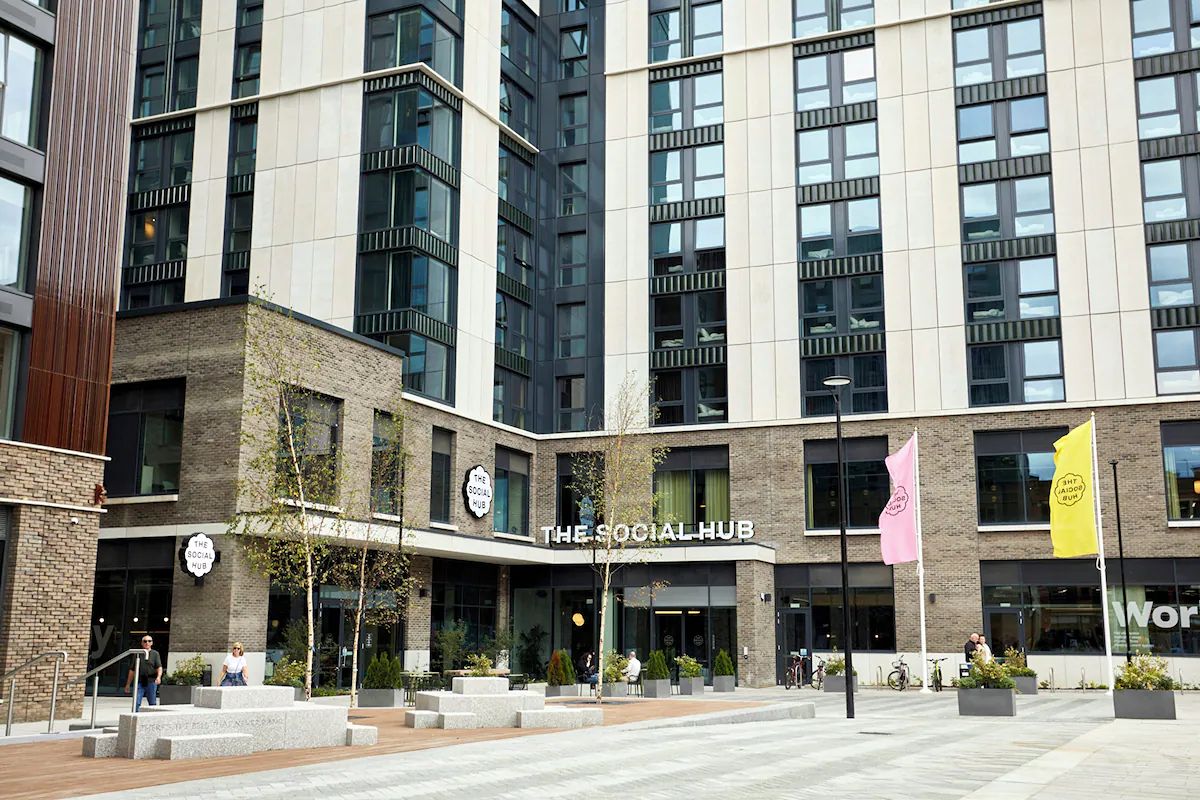 Exterior of The Social Hub Glasgow in Merchant City, a central Glasgow stay with a sleek modern design.
