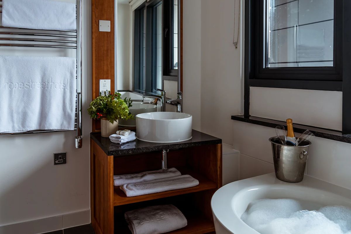 Modern bathroom at Hope Street Hotel with a deep bath.