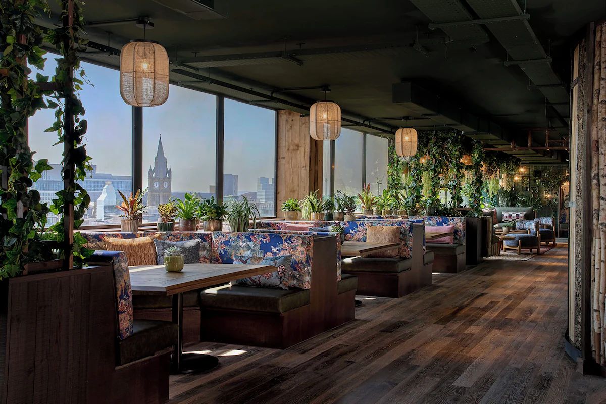 Leafy restaurant and lounge at Treehouse Hotel Manchester.